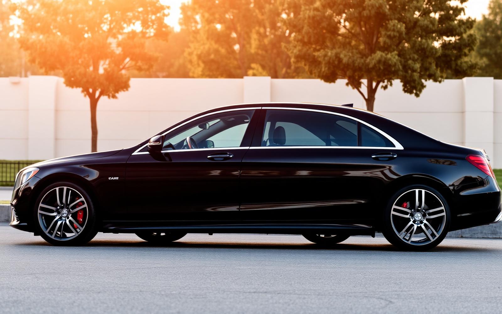 Black Mercedes-Benz S-Class sedan at sunset