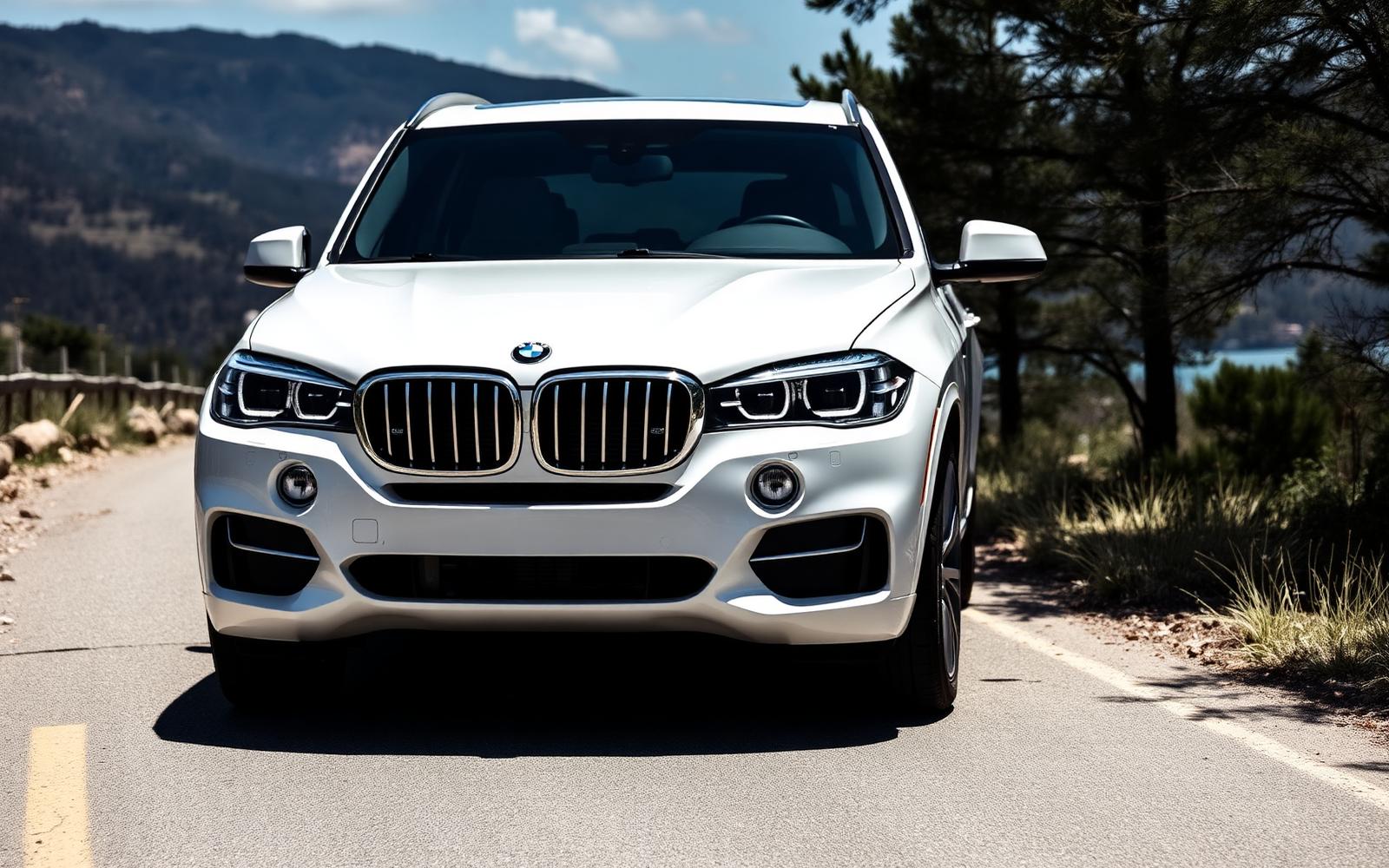 White BMW X5 luxury SUV on mountain road